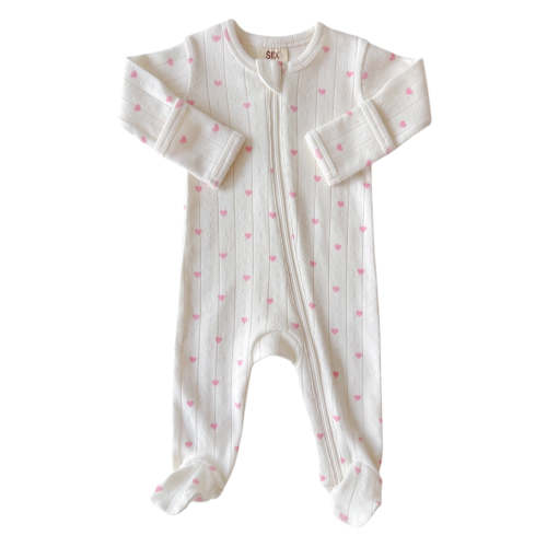 White with Pink Heart / Organic Pointelle 2-Way Zip Footie