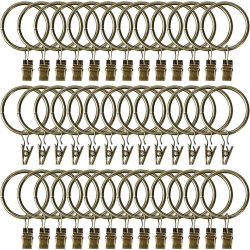 44 Pack Curtain Rings with Clips Hooks 1.5 inch Metal Stainless Steel Drapery Rings for Tension Rod Bracket Eyelets Decorative Hangers, Bronze (1.5" Interior Diameter)