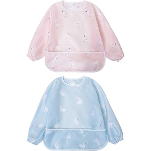 Little Dimsum Mess-Proof Baby Bibs|Infant Toddler Long Sleeve Waterproof Feeding Art Smock|Catching Food & Wipe Clean| Pack of 2 Colors Duck&sheep