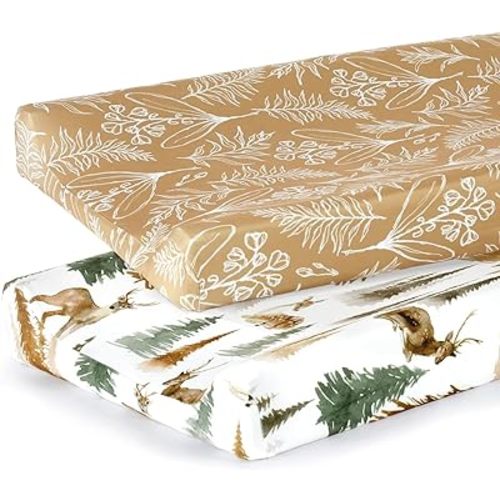 GRSSDER Stretch Ultra Soft Jersey Knit Changing Pad Cover Set 2 Pack, Change Table Pad Covers Fit 32"/34" x 16" Pads Safe and Snug, Stylish Jungle Deer Pattern for Baby