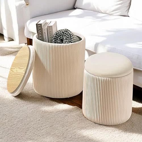 Round Storage Ottoman (Set of 2) - Multifunctional Storage Ottoman with Removable Lid and Soft Velvet Padding - Perfect Footrest for Living Room and Bedroom, Vanity Stool for Makeup - Beige (beige)