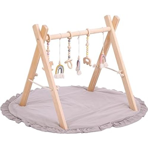 Baby Play Gym with Mat, Baby Play Mat Activity Center Gym Wooden,Play Gym Toys for Hands-On and Visual Development, Cute Design with Mat