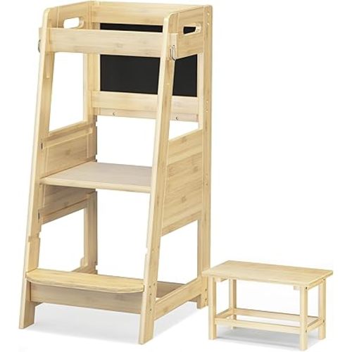 TOETOL Bamboo Toddler Kitchen Step Stool Kids Learning Helper Standing Tower 3 Height Adjustable Stool with Activity Chalkboard and Whiteboard Message Boards,Non-Slip Mat,Natural