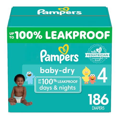 Pampers Baby Dry Diapers - Size 4, One Month Supply (186 Count), Absorbent Disposable Diapers