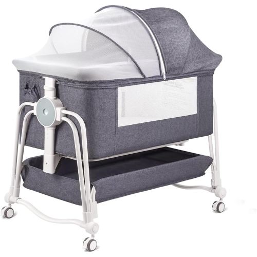 4 in 1 Baby Bassinet Bedside Sleeper, Rocking Baby Crib with Lockable Wheels, Storage, Mosquito Net and Matress Included, 7 Level Adjustable Bedside Bassinet for Baby Newborn(Gray)