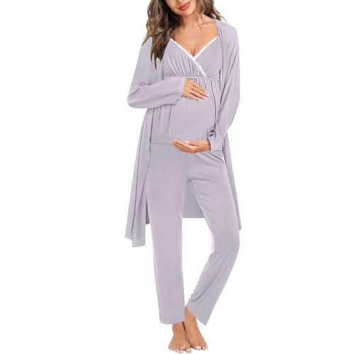 SWOMOG Maternity Nursing Robe Set 3 Piece Breastfeeding Pajamas 3 in 1 Labor Delivery Sleevless Tops&Long Pants Pregnancy Pjs