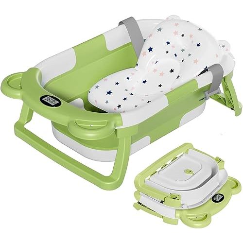 TPN Collapsible Baby Bathtub, Baby Bath Tub with Soft Cushion & Real-Time Thermometer, Baby Bathtub Infant to Toddler Tub (0-36 Months), Portable Travel Baby Tubs for Newborns (Green)