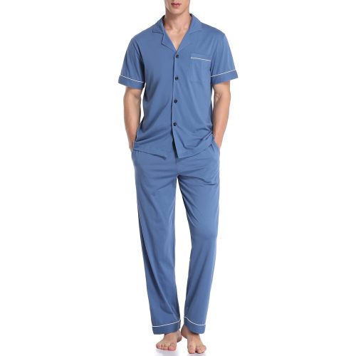 COLORFULLEAF Men's 100% Cotton Pajamas Set Button Down Sleepwear Short Sleeve and Long Pants Pjs