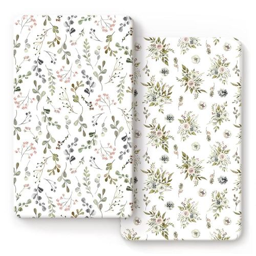 GRSSDER Stretchy Ultra Soft Jersey Knit Fitted Crib Sheets Set 2 Pack, Cozy Crib Sheet Fits All Standard Crib Mattress Pads, Stylish Watercolor Rose and Flora