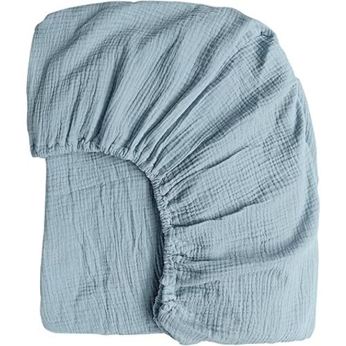 Konssy Muslin Fitted Crib Sheets 100% Cotton Baby Crib Sheets for Standard Crib Mattress (28 X 52 Inches), Soft and Breathable for Boy, Girl (Blue)
