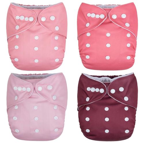 Nora's Nursery Cloth Pocket Diapers 4 Pack with 4 Inserts - Waterproof Cover, Washable, Reusable & One Size Adjustable Pocket Diapers for Newborns and Toddlers - Berry Mauve