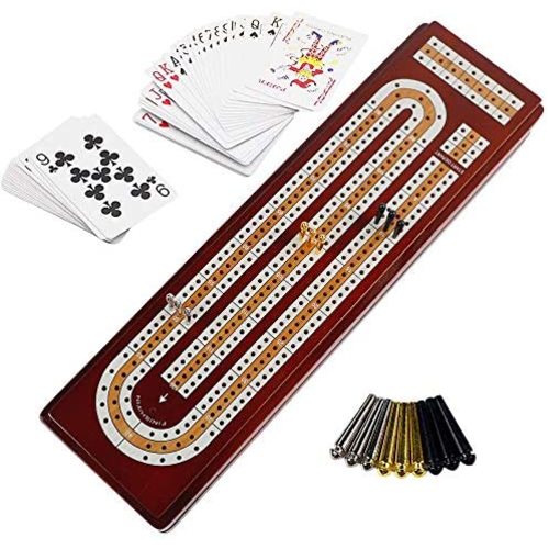 Juegoal Upgrade Wood Cribbage Board Game Set, Solid Wooden Continuous 3 Track Board with Larger Storage Area, 9 Metal Pegs and 2 Decks of Playing Cards, Travel Portable Cribbage Game Sets