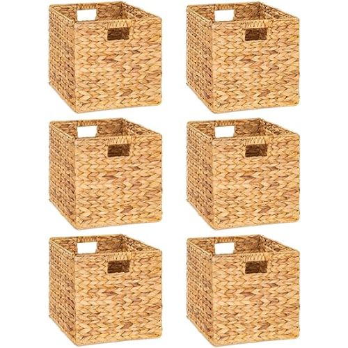 12 x 12in Water Hyacinth Storage Baskets, Wicker Storage Baskets for Shelves, Woven Baskets for Storage, Wicker Storage Basket for Bedroom, Living Room, Nursery Room (Natural 6 Packs 12x12in)