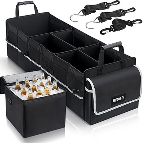 HIRALIY 4 in 1 Car Trunk Storage Organizer with Leakproof Cooler Bag, Made of 1680D Oxford and PP board, Multi-Compartment Foldable Trunk Storage Box for Car Truck SUV