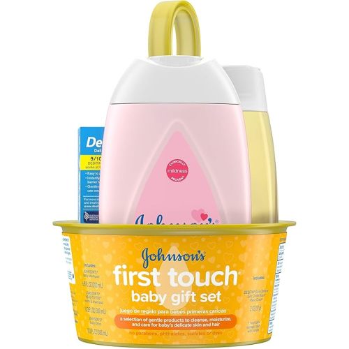 Johnson's First Touch Baby Gift Set, Baby Bath, Skin, & Hair Essential Products, Kit for New Parents with Wash, Shampoo, Lotion, & Diaper Rash Cream, Hypoallergenic & Paraben-Free, 5 items