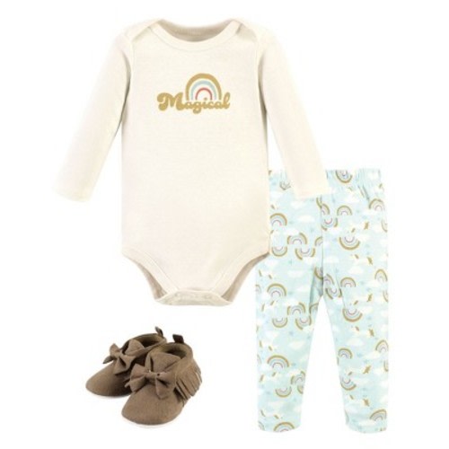 Hudson Baby Infant Girl Cotton Bodysuit, Pant and Shoe Set, Magical Rainbow Long Sleeve, 0-3 Months