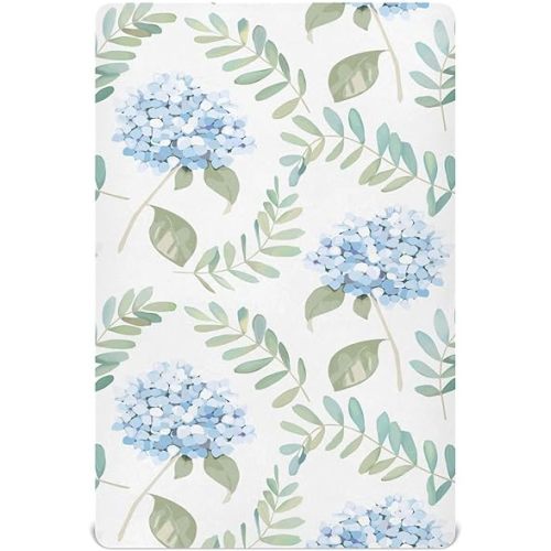 Fitted Crib Sheets Blue Floral Hydrangeas with Leaves Stretchy Portable Playard Sheets for Baby Toddler, Breathable Soft Mini Crib Mattress 52 x 28 in for Boys and Girls
