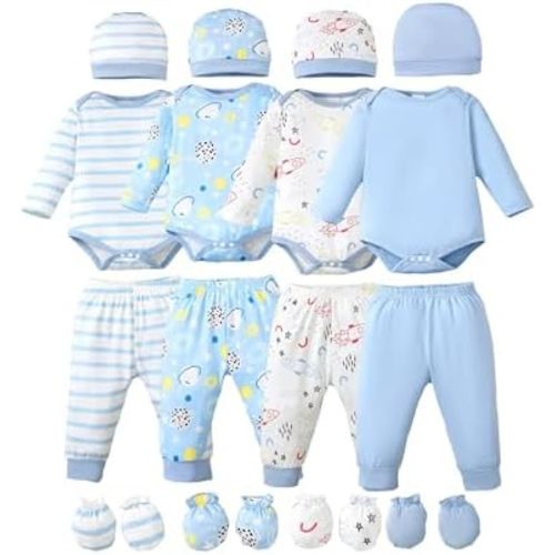 NZRVAWS Newborn Baby Boy Girl Clothes Unisex Infant Romper Pants Set Hat 4-Pack Outfits 0-12 Months 16 Pieces Toddler