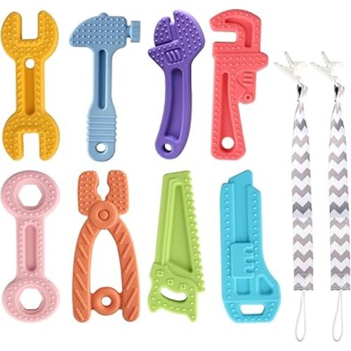 8 Pack Chew Baby Teething Toys for 0-12 Months, Freezable BPA Free Silicone Baby Molar Teether Chew Toys, Hammer Wrench Spanner Pliers Hand Saw Shape Baby Girl's Boy Car Seat Toy