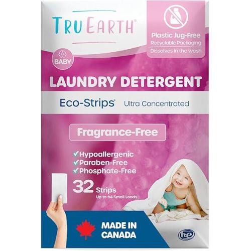 Tru Earth Hypoallergenic Baby Laundry Detergent Sheets/Eco-Strips for Sensitive Skin, 32 Count, Up to 64 Loads: Fragrance Free Detergent for Newborn, Infants, Toddlers, Children, Baby Clothes