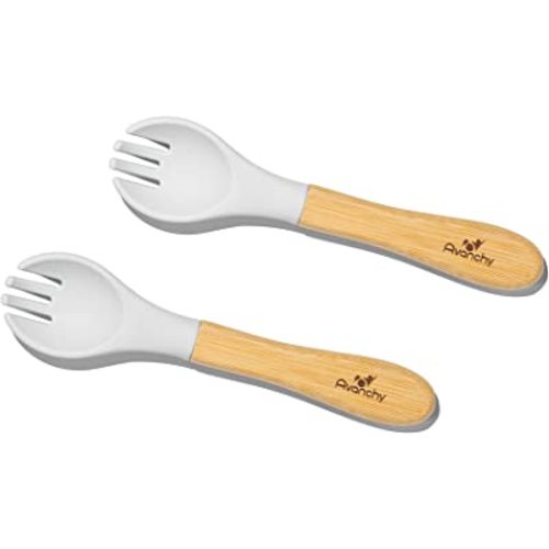 Avanchy Baby Fork Set, Bamboo and Silicone Spork Utensils, Toddler Baby Led Weaning Silverware Cutlery Flatware, Kids First Self Feeding