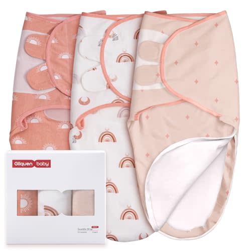 GLLQUEN BABY 3-Pack Swaddle Sleep Sacks - Newborn to 3 Months, Zipper, Rainbow & Sun Pattern (Small/Medium)