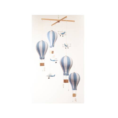HotAir Balloon and Plane Celling Mobile, Fabric Air Balloons, Wooden Airplane, Travel theme nursery, Blue White, Hanging nursery decor, gift
