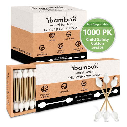 Ibambo Bamboo Baby Cotton Swabs, Double Tipped Safety Cotton Swabs, 1000 Pack