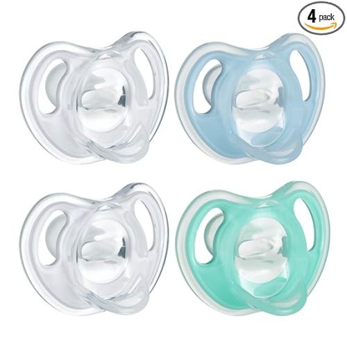 Tommee Tippee Ultra-Light Silicone Pacifier, 0-6 Months, Symmetrical One-Piece Design, BPA-Free Silicone Binkies, Clear/Blue/Green, Pack of 4