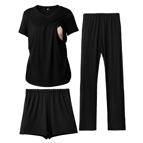 Rnxrbb 3 Piece Women's Maternity Nursing Pajamas Set V Neck Breastfeeding Pjs Sleepwear Postpartum Shorts&Pants Pockets