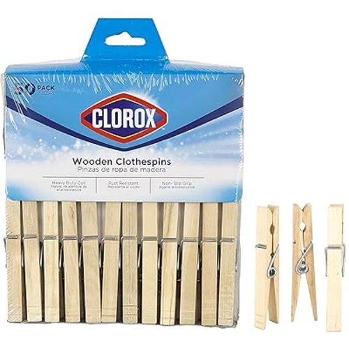 Clorox Wood Clothespins with Spring - Value Pack of 50 Clips, Rust Resistant with Heavy-Duty Coil for Line Drying Laundry, Chip Bags, and Crafts