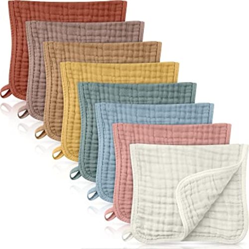 8 Packs Muslin Burp Cloths 6 Layers Unisex Baby Items Absorbent Burp Rags Colorful Muslin Washcloths for Baby Plain Soft Cotton Cloth for Babies Girls Boys, 10 x 20 Inch (Modern Colors)