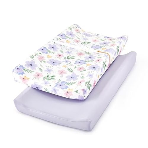 TILLYOU Changing Pad Cover Set in Soft Jersey Material - Fits 32"/34''x16 Contoured Pad for Babies, Brilliant Little Flowers and Purple