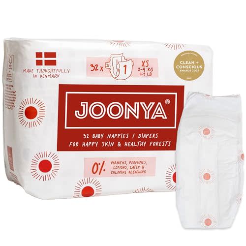 Joonya Baby Diapers, Size 1 XS (4-9 lb) - 1 Bag of 32 - New Range - NonToxic, Eco-Friendly, Ultra Slim, Overnight Use - Made in Denmark