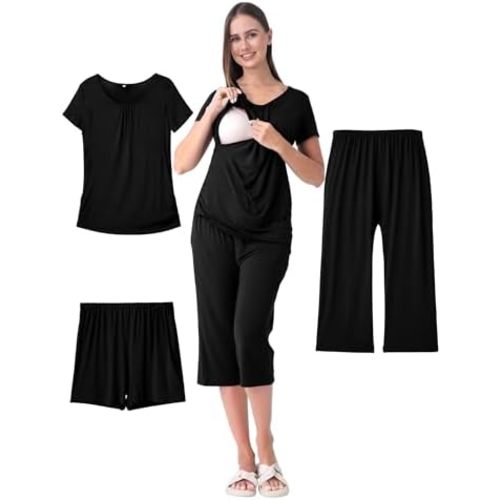 3 Piece Nursing Pajamas Set for Women Breastfeeding Shirts Pjs Summer Postpartum Shorts&Capri Pants Pockets