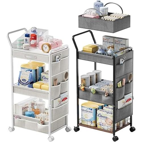 BBLIKE 3-Tier Diaper Caddy Cart Organizer - Rolling Baby Cart with Drawer, Side Pockets and Basket, Multi-Function Utility Cart for Nursery, Bedroom, Bathroom, Mobile Diaper Organizer for Baby