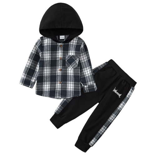 Usaibhir Toddler Baby Boys Clothes Flannel Lattice Button Down Long Sleeve Plaid Hooded Tops +Pants Boys Fall Winter Outfits 18M-6Y