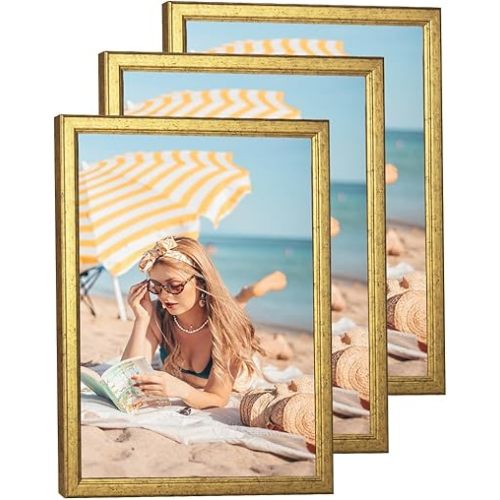 3 pack Wood 12x16 Frame Gold, Ornate Natural Wooden 16x12in Picture Frame, Modern Golden 12 x 16in Gallery Photo Pic Frame with HD Plexiglass,Horizontal Vertical Wall Mounting Set of 3