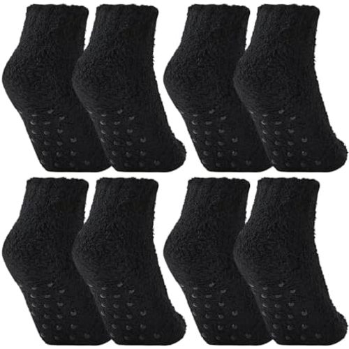 Foaincore 4 Pack Non Slip Hospital Socks for Women Men Non Slip Ankle Fuzzy Socks Thick Warm Festival Gifts