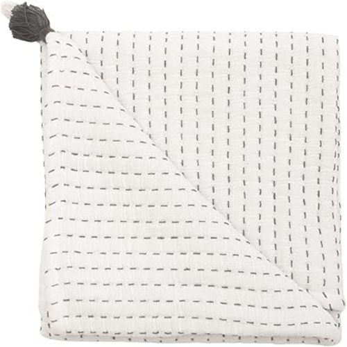 Crane Baby White and Black Stitched Stripe Blanket, Soft Cotton Nursery and Stroller Blanket, 100% Cotton, 36" x 36"
