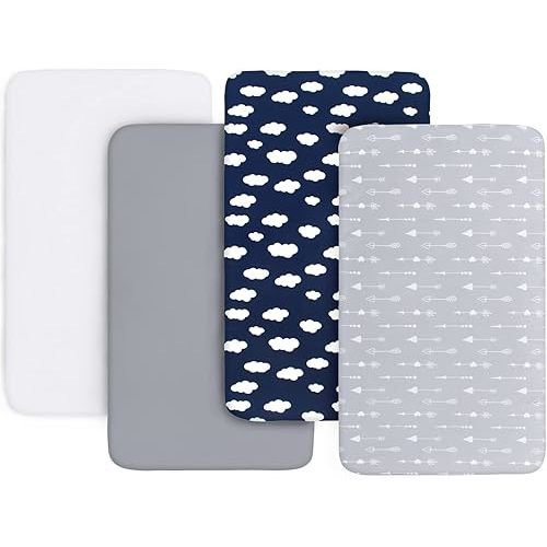 4-Pack Fitted Crib Sheets for Boys and Girls - Breathable, Soft Microfiber Baby Sheets in Grey, Navy and White