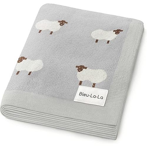 Knit Baby Swaddle Blanket - 100% Cotton Soft Cozy Lightweight Unisex Receiving Swaddling Stroller Quilt Blanket for Shower Gift Registry for Newborns Infants & Toddlers (Sheep - Grey)