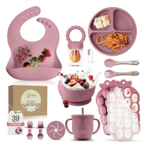 O'doe Baby Weaning Set – 15 Pcs Silicone Baby Feeding Set with Suction Plate, Bowl, Bib, Sippy Cup, Fruit Feeder, Freezer Tray