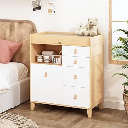 Changing Table, 33.5" Baby Nursery Dresser, Baby Changing Table with Drawers, Shelf, Top Guardrail and Large Storage Dresser Chest, Hidden Trash Storage for Nursery Room, White