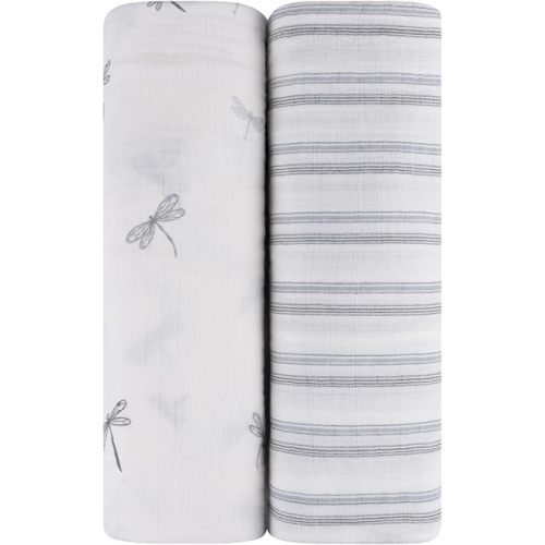 Ely's & Co. Muslin Swaddle Blankets 2-Pack for Baby Boy, 100% Cotton Muslin Extra Large Swaddle Receiving Blankets, 47”x47” (Blue Dragonflies + Stripes)