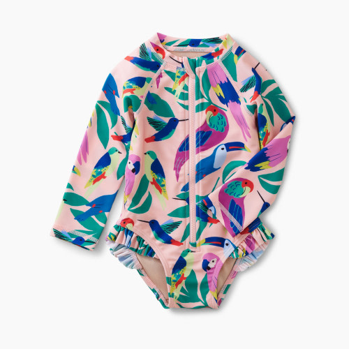 Tea Collection Rash Guard Swimsuit - Tropical Bird Flock In Pink, 3-6 Months