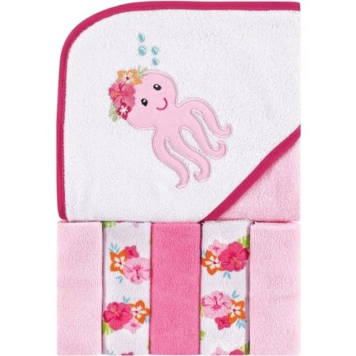 Luvable Friends Unisex Baby Hooded Towel with Five Washcloths, Tropical Octopus, One Size