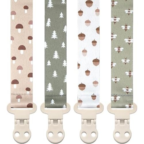 Baby Pacifier Clip Holder - Girl or Boy Unisex 4 Pack Gift Set – Woodland Mushrooms Bees Neutral Green Beige (Forest)