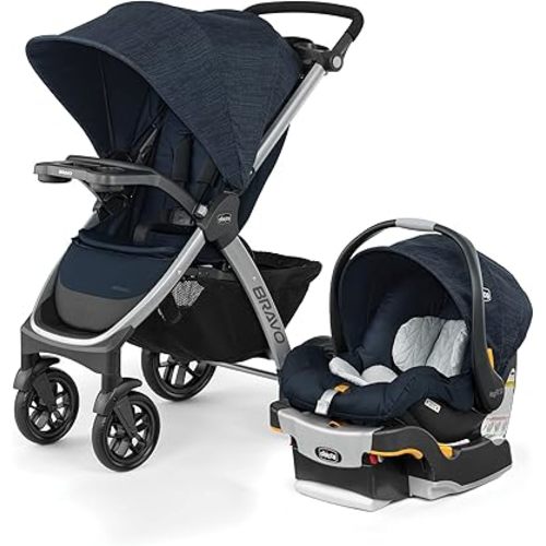 Chicco Bravo 3-in-1 Trio Travel System, Bravo Quick-Fold Stroller with KeyFit 30 Infant Car Seat and Base, Car Seat and Stroller Combo, Brooklyn/Navy