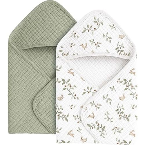 Konssy Muslin Hooded Baby Bath Towels 2-Pack, Soft & Absorbent, Square Shape with Hook, Ideal for Newborns & Infants (Fog Green, Sprout, 30'' x 30'')